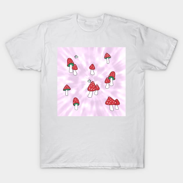 Aesthetic Red Hatted Mushrooms and Butterflies on a Mauve Pastel Tie Dye Background T-Shirt by YourGoods